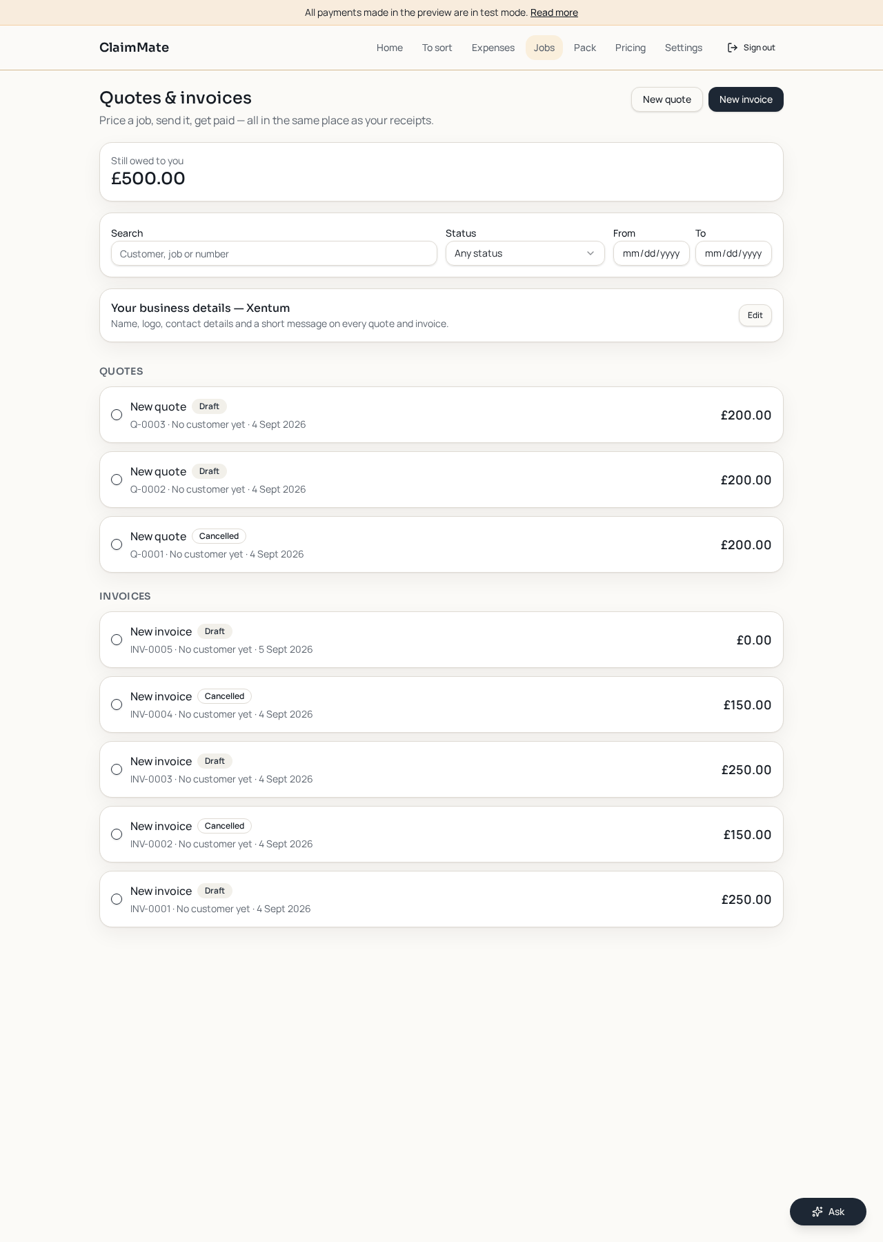 The genuine ClaimMate quotes and invoices list
