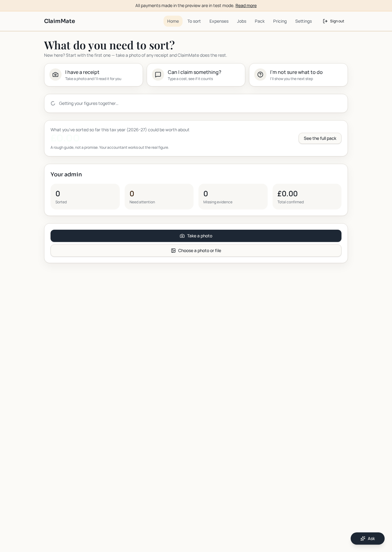 The genuine ClaimMate home dashboard